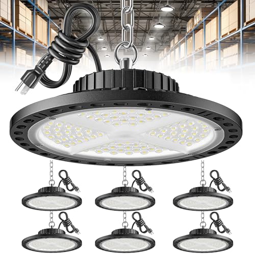 ISKYDRAW UFO LED High Bay Lights 6 Pack, 100W 15000LM Shop Lights