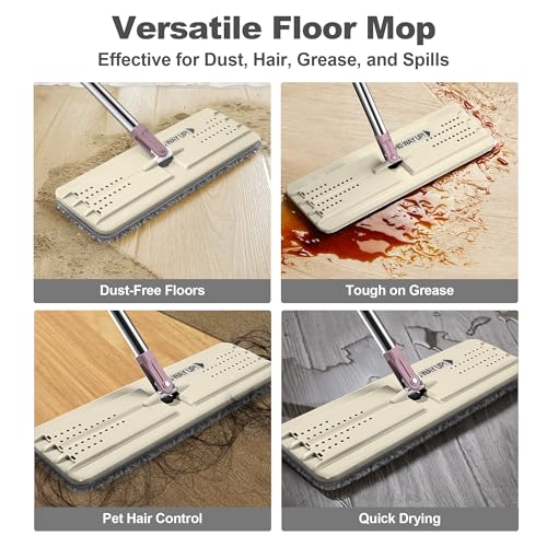 JOYMOOP Flat Mop System, Microfiber Cleaning System for Floor Cleaning and Wall Use, 50" Handle with 13" Flat Head, Beige & Blush Brown - color: J