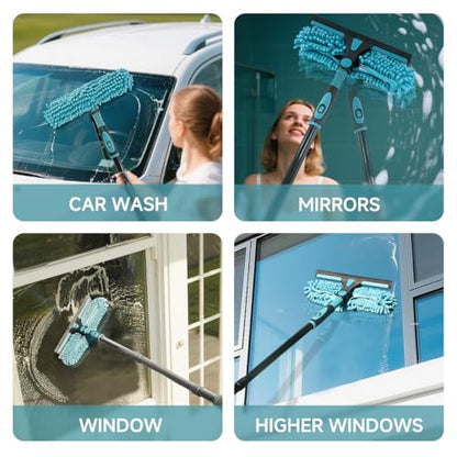 Buysenton Professional 2-in-1 Window Squeegee Cleaner Tool with 62" Extension Pole, Rotatable Bendable Head & Scrubber, Car Glass Cleaning Kit for Windows, Shower, Gas Station - 1 Blade 2 Scrubber