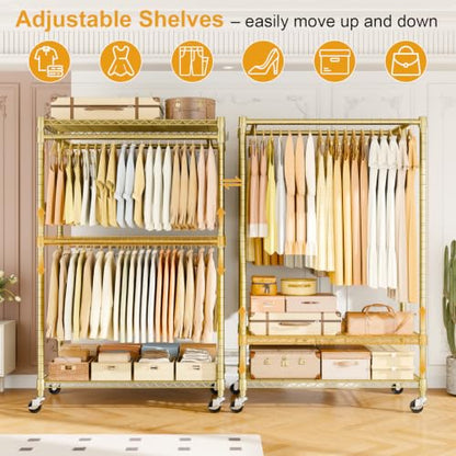 ULIFHOME Rolling Clothes Rack, Clothing Racks for Hanging Clothes, Gold - color: Gold, size: P4 Plus