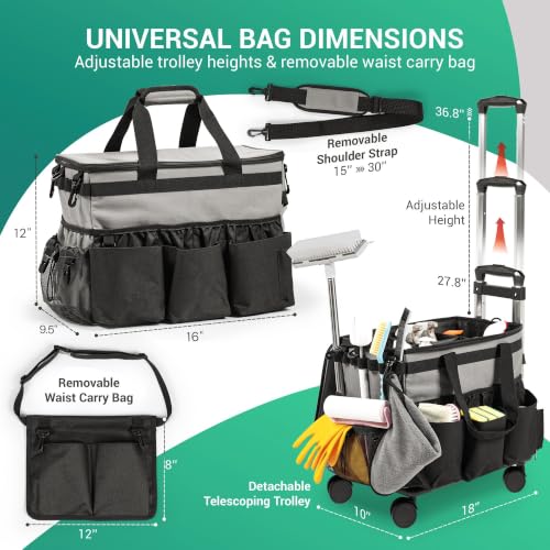 Rolling Cleaning Caddy Bag w/Detachable Trolley & Lid (Gray) - color: Gray