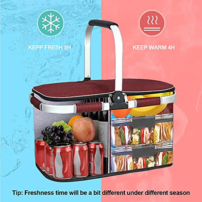 LIQING 35L Large Picnic Basket 2 Layers of Internal Pockets Leak-Proof and Insulated ，Folding with Internal Support for enhansed Stability, Wedding Gifts for Couple(Wine red) - color: Wine Red