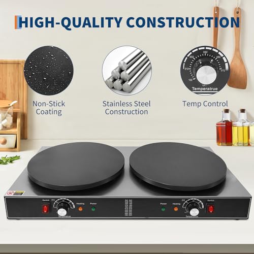 16 Inch Double Head Electric Crepe Maker – Commercial Non-Stick Flat Plate Griddle – Accurate Temperature Control & Gauge Lights – 3500W/1750W 110V – Perfect for Pancakes & Omelets - size: Double Plates