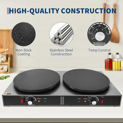 16 Inch Double Head Electric Crepe Maker – Commercial Non-Stick Flat Plate Griddle – Accurate Temperature Control & Gauge Lights – 3500W/1750W 110V – Perfect for Pancakes & Omelets - size: Double Plates