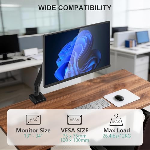 WALI Adjustable Single Monitor Arm for 13-34 inch Screens, up to 26.4 lbs - color: Black (Single), size: 13" to 34"