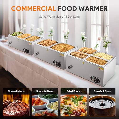 WILPREP Commercial Food Warmer with Two 1/2 Pans, 1500W Countertop Electric Steam Table, 86-185°F Adjustable Temp Control & Over-Temp Protection, Stainless Steel Buffet Bain Marie - size: 1/2 pan*2
