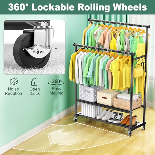 Double Rods Clothes Rack for Hanging Clothes, Heavy Duty Rolling Clothing Rack with Wheels, Freestanding Garment Racks with Oxford Bottom Shelf and Mesh Bottom Shelf for Bedroom Laundry Living Room - color: Black