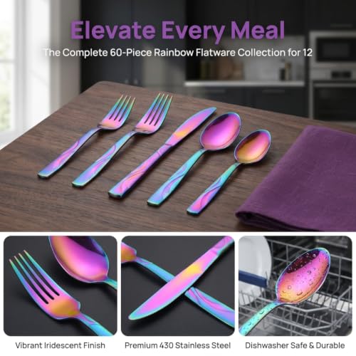 60-Piece Rainbow Silverware Set for 12, Stainless Steel Cutlery Set - color: Rainbow, size: 60-Piece
