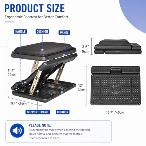 Under Desk Footrest, 4-Level Height Adjustable 12Modes Foldable Footrest - color: Black Plus