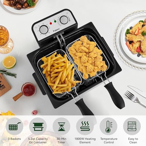 SUSTEAS Deep Fryer, 3 Baskets Electric Oil Fryer with 4.5QT/5L,1800W Timer Control Adjustable Temperature, Lid with Viewing Window and Odor Free Filter, Stainless Steel, Perfect for Kitchen,Fry Fries - size: 5.0L
