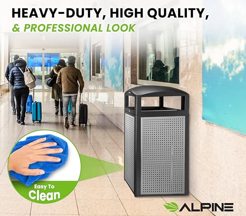 Alpine 40-Gallon Outdoor Commercial Trash Can with Locking Lid – Heavy-Duty Weather-Resistant Metal Garbage Bin with Removable Liner for Parks, Restaurants & Public Spaces