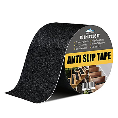 Grip Tape - 4Inch x 36Feet Heavy Duty Anti Slip Tape High Traction 80 Grit Non Skid Tape for Stairs, Waterproof Anti Slip Tape Durable Triple Layer Adhesive Non Slip Tape for Step Treads - Black - size: 4 Inch x 36 Feet