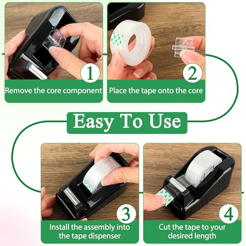 Desktop Tape Dispenser with 15 Rolls Transparent Tape, Black Desk Tape Dispenser for Home Office School, Tape and Dispenser Set for Light Duty Packaging Arts Crafts Note Repair Everyday Use