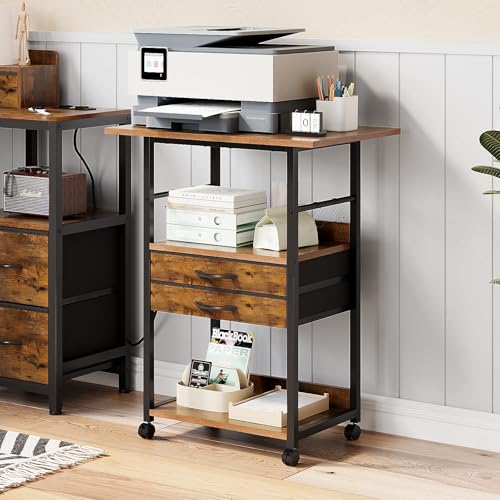 VENNQD Large Printer Stand with Storage Fabric Drawer Under Desk Printer Table with Wheels for Home Office, Printer Cart fit Fax Machine Scanner (Rustic Brown, 3 Tiers) - color: Rustic Brown, size: 3 Tiers