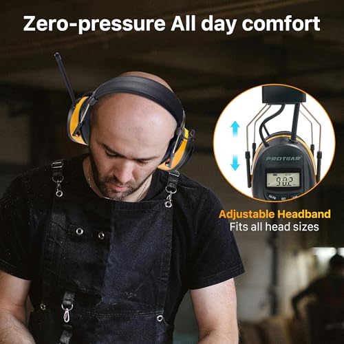 AM/FM Radio Headphones 25dB NRR,Noise Reduction Safety Earmuffs,Digital Display Headset,Powered by AA Battery,Hearing Protection for Walkman Mowing Lawn Work,Yellow - color: Yellow