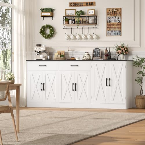 HOSTACK 71" W Kitchen Buffet Cabinet with Storage, Large Coffee Bar Cabinet - color: White/Black