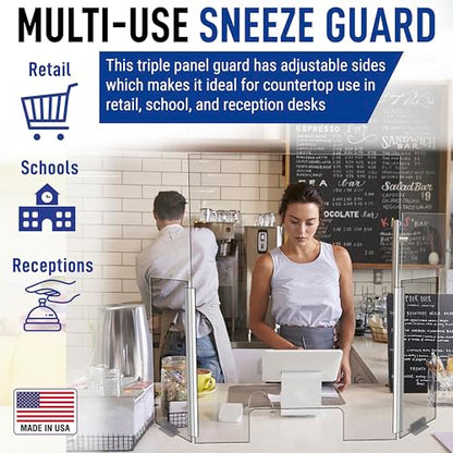 30" x 42" Acrylic Shield Plexiglass Sneeze Guard Barrier w/Cutout Transaction Opening, for Counters, Tables, Checkouts, or Desks - Shields and Protects from Coughing and Sneezing - Made in USA