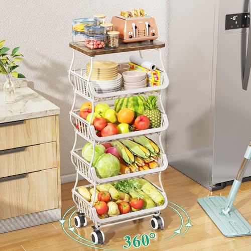 SAYZH 5-Tier Fruit and Vegetable Basket Stand for Kitchen, Wood Top, White - color: White, size: 5 Tiers