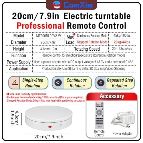 7.9In Remote Motorized Electric Turntable Rotating Display Stand Spinning Rotating Platform 360 Photography Turntable lazy susan base giratoria para for Photography,Display(Load Range:40~100lbs) - size: 7.9inch/White/100Lbs Load