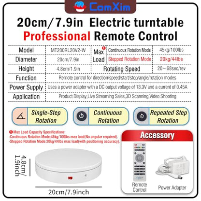 7.9In Remote Motorized Electric Turntable Rotating Display Stand Spinning Rotating Platform 360 Photography Turntable lazy susan base giratoria para for Photography,Display(Load Range:40~100lbs) - size: 7.9inch/White/100Lbs Load