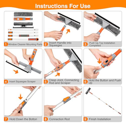 LOMIDA 2-in-1 Window Squeegee Cleaner with 62" Window Cleaning Tool Kit with Extension Pole, Bendable Head for Extra Force, Window Washing Equipment Car/Glass/Shower (2 Fiber Pads)