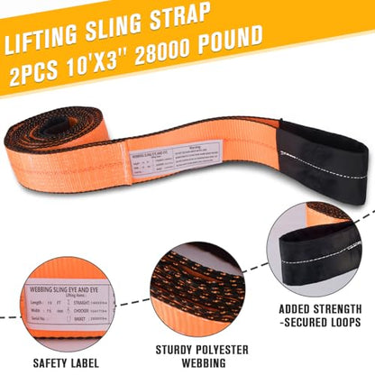 2PCS 3" x10Ft Lift Sling Straps 28000LBS Heavy Duty Tow Strap