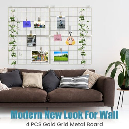 CIKLCIX Wire Wall Grid Panel Set of 4, Photo Display Board & Memo Board - color: Gold, size: 4 Pack