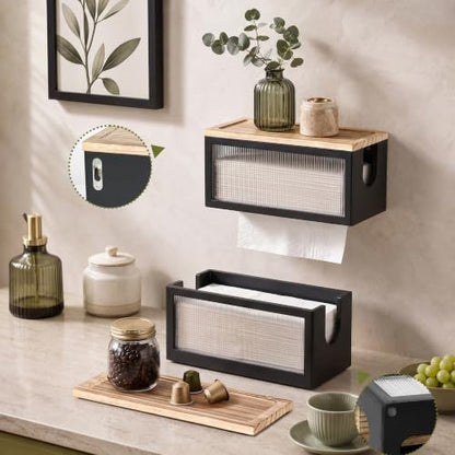 Wooden Paper Towel Holder with Lid & Acrylic Window Wall Mounted - color: Black Acrylic
