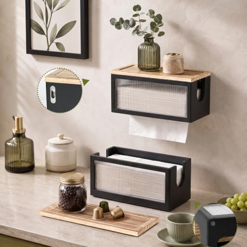Wooden Paper Towel Holder with Lid & Acrylic Window Wall Mounted - color: Black Acrylic
