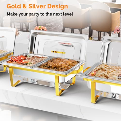 ROVSUN Chafing Dishes for Buffet, 9QT Chafing Dish Buffet Set with Glass Lid,Stainless Steel Buffet Servers and Warmers with 2 Half Size Pan,Stackable Design for Party Wedding, Gold & Silver - size: Half Size Food Pan