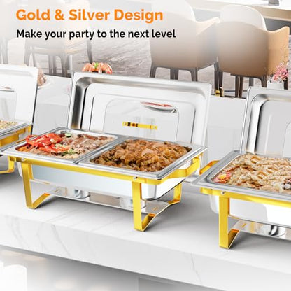 ROVSUN Chafing Dishes for Buffet, 9QT Chafing Dish Buffet Set with Glass Lid,Stainless Steel Buffet Servers and Warmers with 2 Half Size Pan,Stackable Design for Party Wedding, Gold & Silver - size: Half Size Food Pan