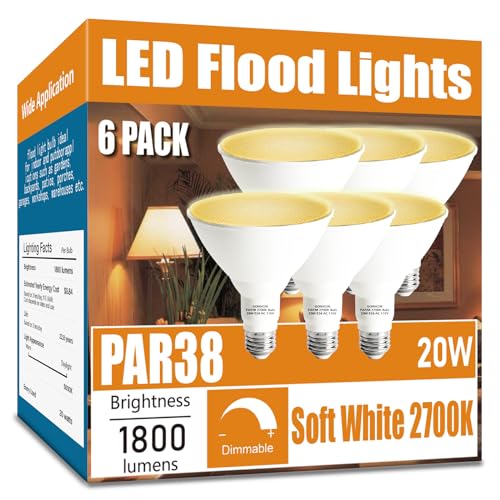 Gonhom Par38 led Flood Lights Outdoor Light Bulb,Dimmable 1800LM,20W Replace up to 200W,Outdoor Flood Light Bulbs for Backyard,Garage,Porch,Garden,6 Pack 2700K Warm Light - color: 2700k, size: 6 Pack