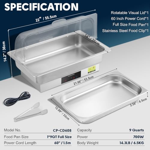 Electric Chafing Dish Buffet Server with Touch Control, 9QT Full Size Food Pan, Stainless Steel Roll Top Food Warmer for Catering Buffet - size: 608-Full Pan