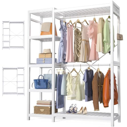 Homykic Bamboo Clothing Rack with 7 Adjustable Shelves, 2 Hang Rods, White - color: White, size: II Medium