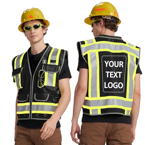 AYKRM Heavy Woven cotton High Vis Reflective work construction safety vest for men Class 2 with ipad Cargo Back Pocket - color: Black-01, size: 4X-Large