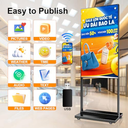 43 Inch Floor Standing Digital Signage, 700nits High Brightness Advertising Display, Digital Signage with CMS/U-Disk Plug&Play, Split Screen, 7/24 Timer Switch,HDMI/USB/WiFi/Android OS