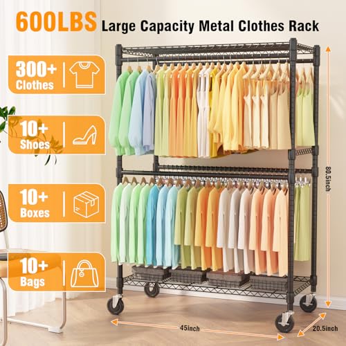 Himimi Double Rods Clothes Rack Heavy Duty,Adjustable Metal Garment Rack with Wheels,Portable Clothing Rack for Hanging Clothes, Closet Rack for Bedroom Laundry Room, 45" W×20.5" D×80.5" H, Black - color: Black, size: 45"W×20.5"D×80.5"H