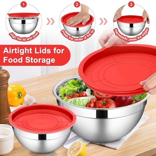 LIANYU 6 PCS Red Mixing Bowls Set, Household Essentials Gift for New Home - color: Red, style: Atlas Base with Airtight Lids