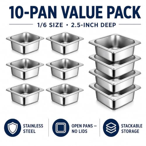10 Pack 1/6 Size Hotel Pans, 2.5 Inch Deep Stainless Steel Steam Table Food Pans for Restaurant Prep, Catering, Buffet and Salad Bar, No Lids Included - color: 1/6, size: 2.5inch