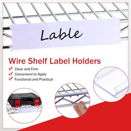 Kathfly 100pcs Wire Shelf Label Holders with 100pcs Paper Inserts 6in Lx1.25in H Plastic Wire Rack Label Holder Shelf Tags Clear Plastic Basket Display Clips Removable Compatible with 1-1/4in Shelves