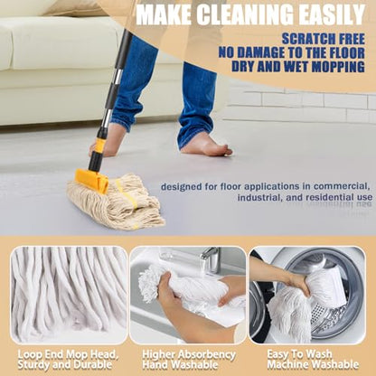 Commercial Mop Heavy Duty Industrial Mop with 2 Extra20oz Large Replacement Heads,60" Long Handle Heavy Duty Industrial Mops for Hardwood Wood Tile Vinyl - Reusable Cotton Head for Floor Cleaning