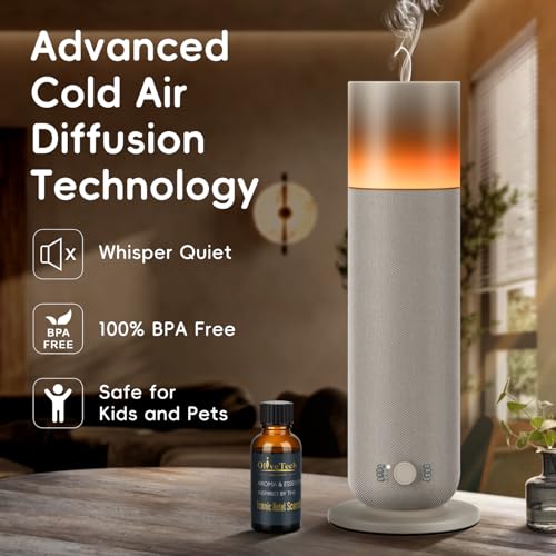 Waterless Diffuser with Fabric-Wrapped Design, OliveTech Cold Air Scent Diffusers for Home & Office, Hotel Collection Diffuser, Adjustable Intensity, Ambient Light, 1 x 30ml Essential Oil Included