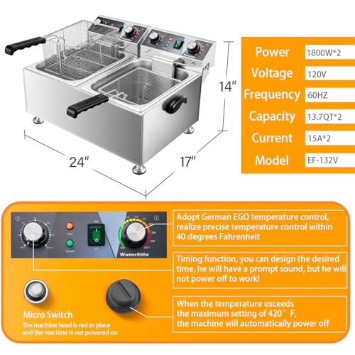 WaterElfo Deep Fryer Commercial Deep Fryers With Basket13Lx2 13.7Qt x 2 Thicken With Precise Temperature Control Timer Double Deep Fryer With 2 Baskets1800Wattsx2 120V Countertop Fryer Restaurant - size: 26L 3600W