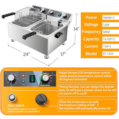 WaterElfo Deep Fryer Commercial Deep Fryers With Basket13Lx2 13.7Qt x 2 Thicken With Precise Temperature Control Timer Double Deep Fryer With 2 Baskets1800Wattsx2 120V Countertop Fryer Restaurant - size: 26L 3600W