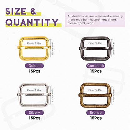 Swpeet 60Pcs Heavy Duty 1 Inch / 25mm Metal Rectangle Adjuster Triglides Slides Buckle, Webbing Belts Buckle Metal Rings for for Belt Bags DIY Accessories Keychains - Sliver, Bronze, Gold, Gun-Black - style: Metal Adjuster Triglides Slides Buckle