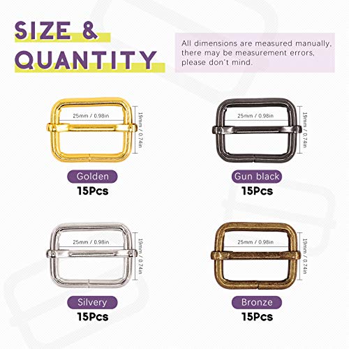 Swpeet 60Pcs Heavy Duty 1 Inch / 25mm Metal Rectangle Adjuster Triglides Slides Buckle, Webbing Belts Buckle Metal Rings for for Belt Bags DIY Accessories Keychains - Sliver, Bronze, Gold, Gun-Black - style: Metal Adjuster Triglides Slides Buckle
