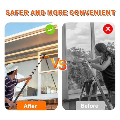 SISUPASSIE 30FT Reach 2-in-1 Window Squeegee, Professional Window Washing Kit with 5-24FT Extension Pole for Home, Indoor Outdoor Squeegee with Rotatable Head for High Windows - size: 24FT