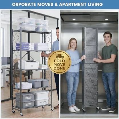 ALANNG 70.7" H Metal Storage Shelves, 5 Tier Folding Storage Shelves on Wheels - color: Grey