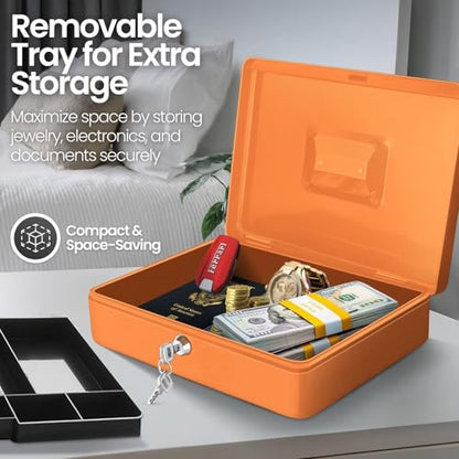 Flexzion Small Cash Box with Money Tray and Lock, 11.4-Inch, Orange - color: Orange