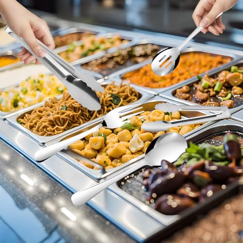 14PCS Serving Utensils - Hostess Serving Utensils Set, Premium Stainless Steel 8.7 inch Serving Utensils, Slotted Spoons, Fork, Tongs, Cake Pie Server for Buffet, Wedding, Dinner (Silver) - color: Silver